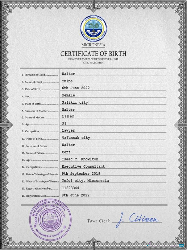 Download Micronesia birth certificate PSD template Photoshop template